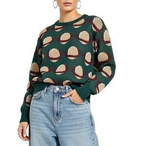 Vintage 80s 90s green tan graphic dot print intarsia retro crew neck sweater S